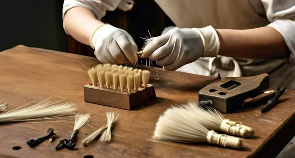 preparing bunches of horsehairs that will help in creating horsehair shoe brush at home