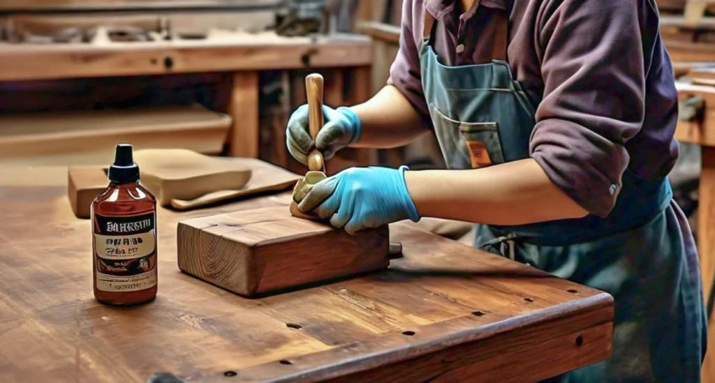 Applying wood finish on Wooden block for crafting horsehair shoe brush