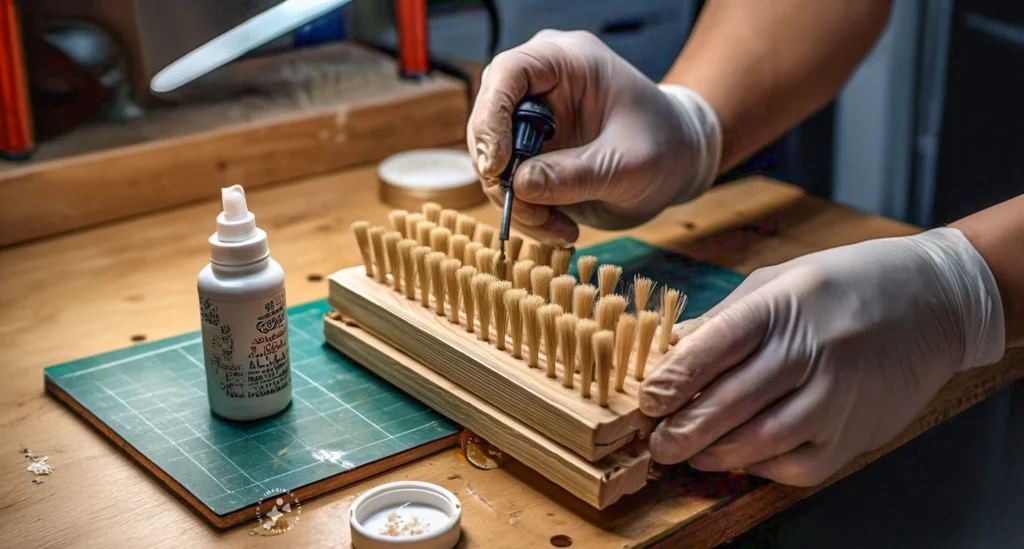 applying glue to stick horsehairs with shoe brush